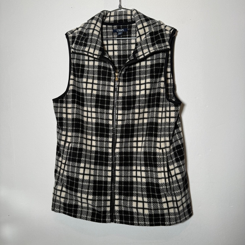 Chaps Womens XL Fleece Vest Black White Plaid Full Zip Sleeveless Jacket Layer